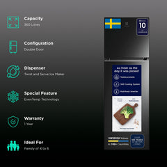 Electrolux UltimateTaste 300 341 Litres 2 Star Frost Free Double Door Refrigerator with Door Alarm (ETB3700K-H, Glossy Black Steel)