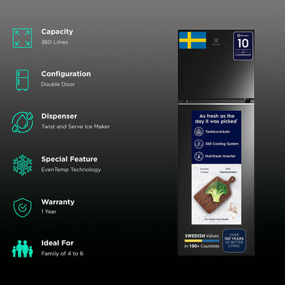 Electrolux UltimateTaste 300 341 Litres 2 Star Frost Free Double Door Refrigerator with Door Alarm (ETB3700K-H, Glossy Black Steel)