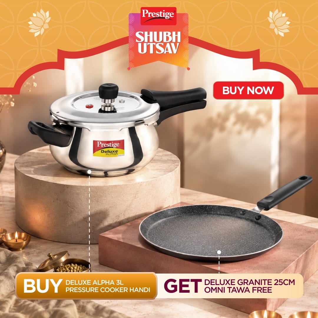 Prestige 3 Litre Stainless Steel Deluxe Alpha Svachh Outer Lid Mini Handi Pressure Cooker, Triply Base, Gas & Induction Compatible + Prestige Omega Deluxe Granite Non-stick Omni Tawa, 25 cm, Black