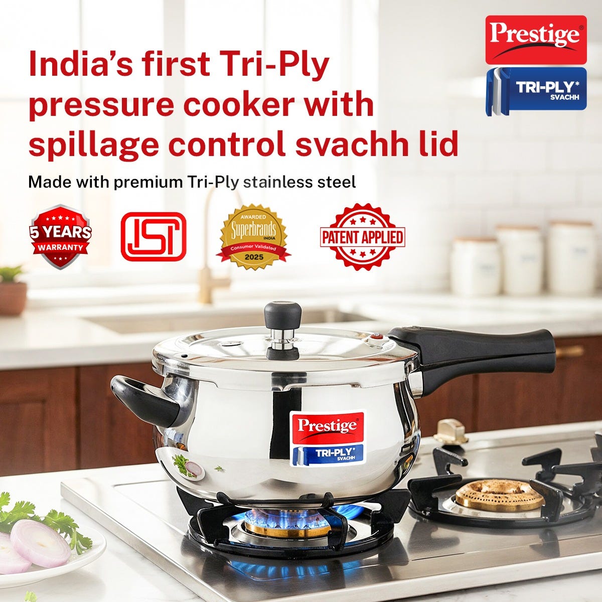 Prestige 5 Litre TRIPLY Svachh Outer Lid Handi Pressure Cooker, Deep Lid for Spillage Control, Gas & Induction Compatible + Prestige 24cm/1.7L Tri-Ply Stainless Steel Splendid Fry Pan, 15Y Warranty