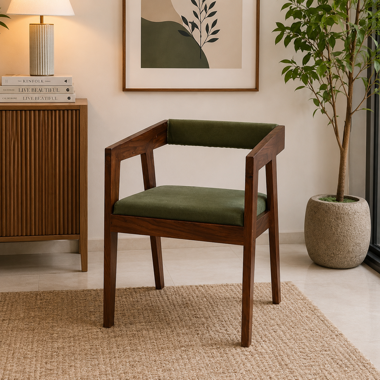 Astera Solid Sheesham Wood Upholstered Arm Chair