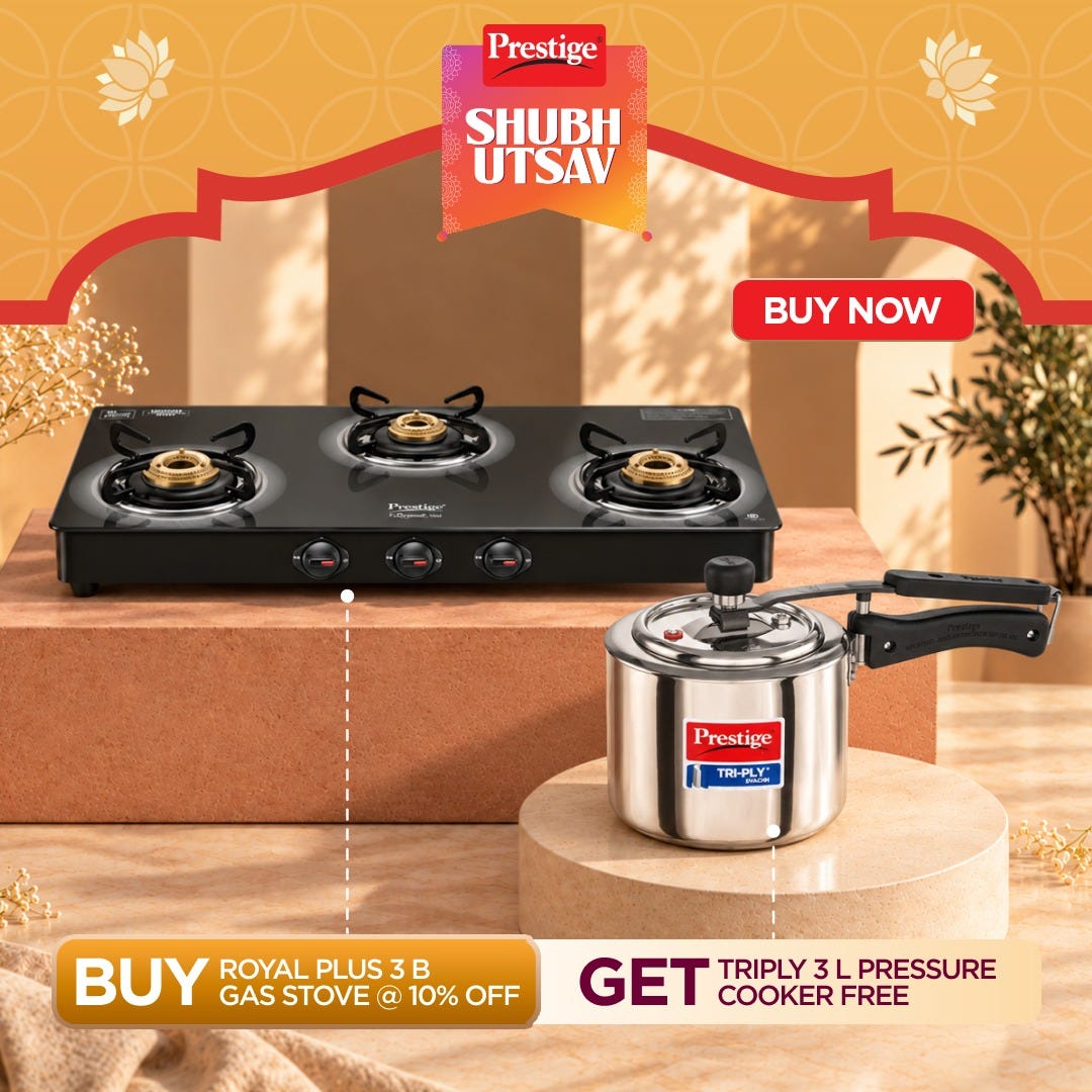 Prestige Royale Plus GT 03 Toughened Black Glass Top Gas Stove + Prestige 3 Litre TRIPLY Svachh Inner Lid Pressure Cooker, Deep Lid for Spillage Control, Metallic Safety Plug, Gas & Induction