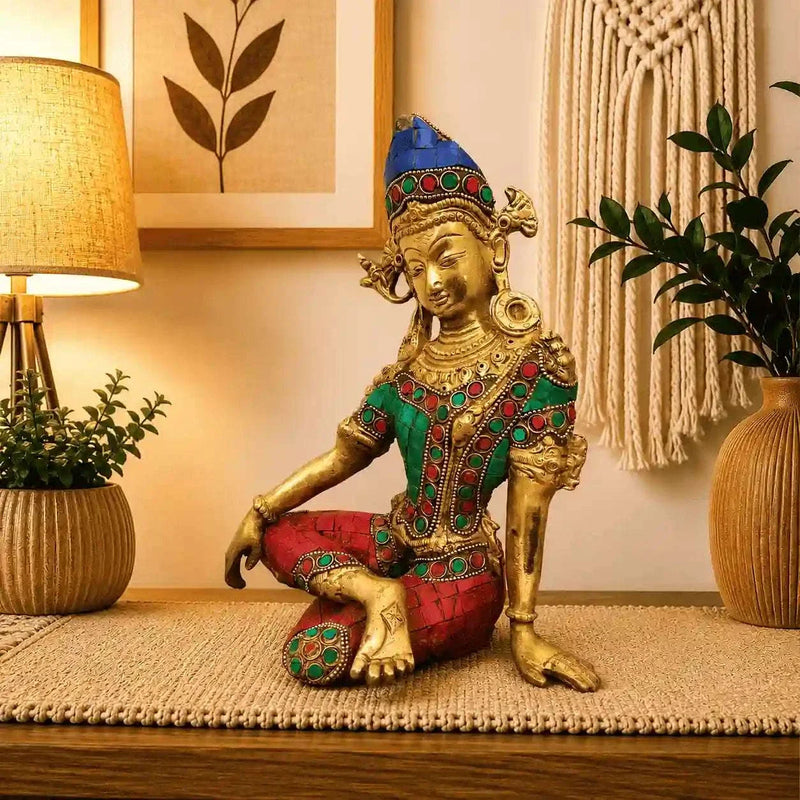 Brass Sitting Indra Dev Idol (9.5 Inch)