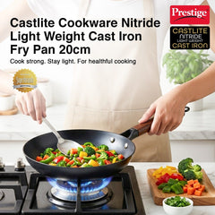 Prestige Castlite Nitride Cast Iron Fry Pan 20cm/0.9L, Rust-Proof, Chemical-Free + Prestige Castlite Lightweight Cast Iron Kadai 24cm/2.4L with Glass Lid, Enamel Coated, Gas & Induction, 15Y Warranty