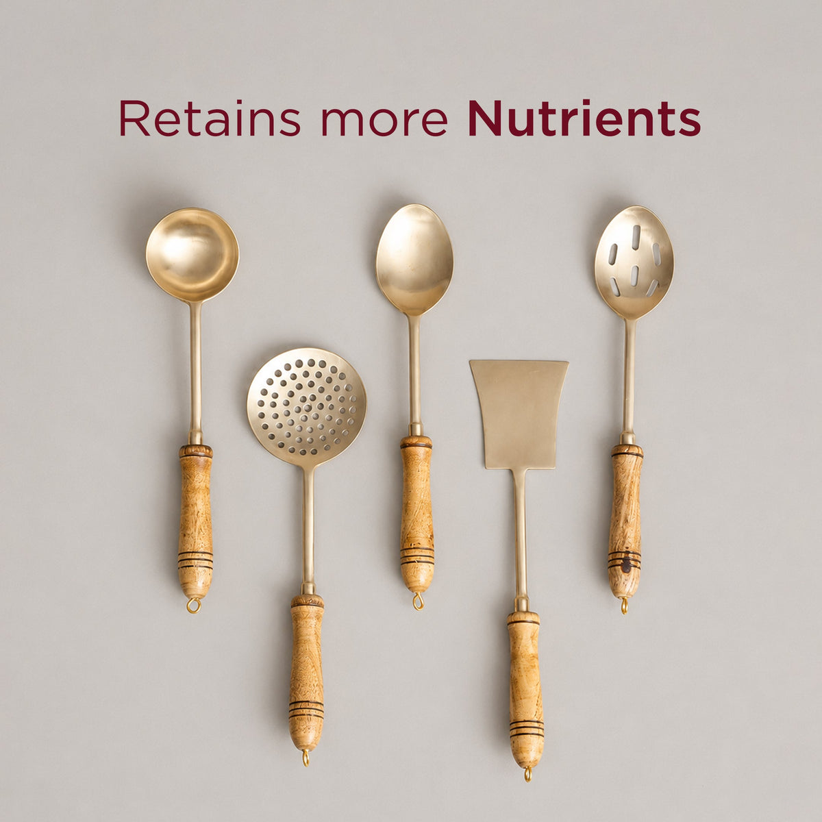 5-Piece Handcrafted Pure Brass Ladle Set •  Durable & Heat-Resistant Wooden Handles (पीतल के करछुल सेट)