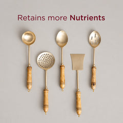 5-Piece Handcrafted Pure Brass Ladle Set •  Durable & Heat-Resistant Wooden Handles (पीतल के करछुल सेट)