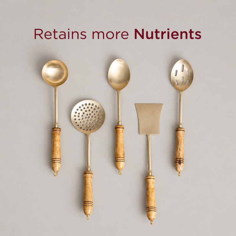 5-Piece Handcrafted Pure Brass Ladle Set •  Durable & Heat-Resistant Wooden Handles (पीतल के करछुल सेट)