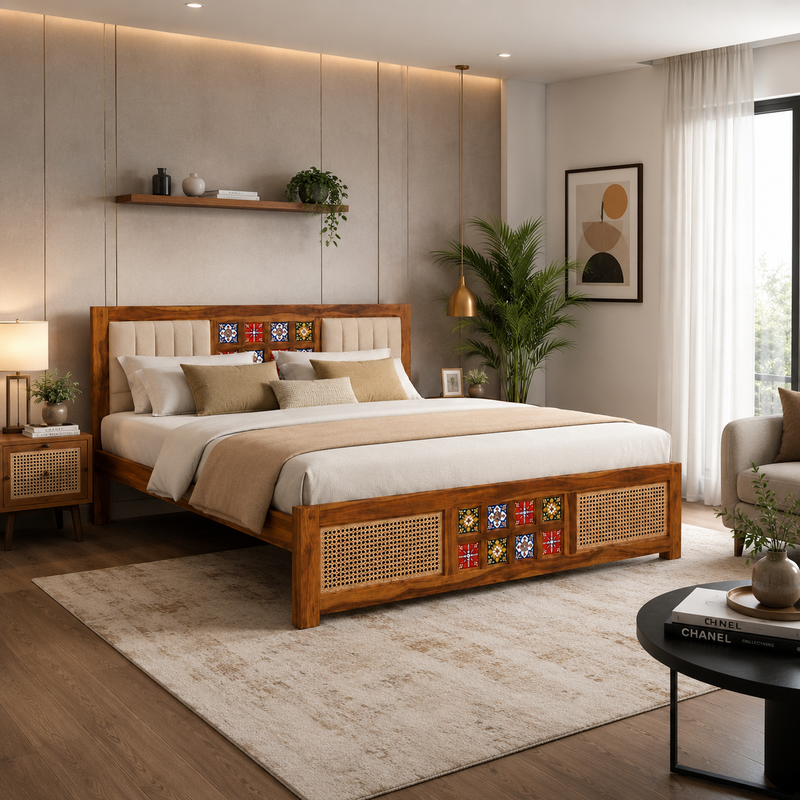 Premium Sheesham Wood Upholstered Bed with Handcrafted Ceramic Tile & Cane Panels