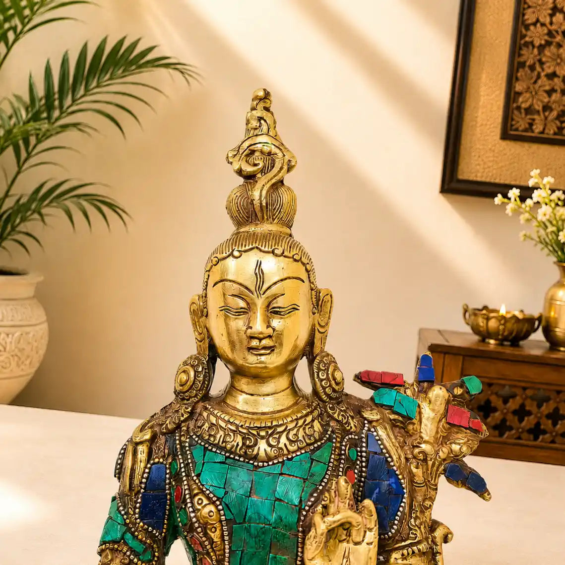 Brass Stone work Sitting Tara Devi Idol (11 Inch)