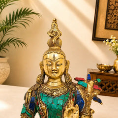 Brass Stone work Sitting Tara Devi Idol (11 Inch)