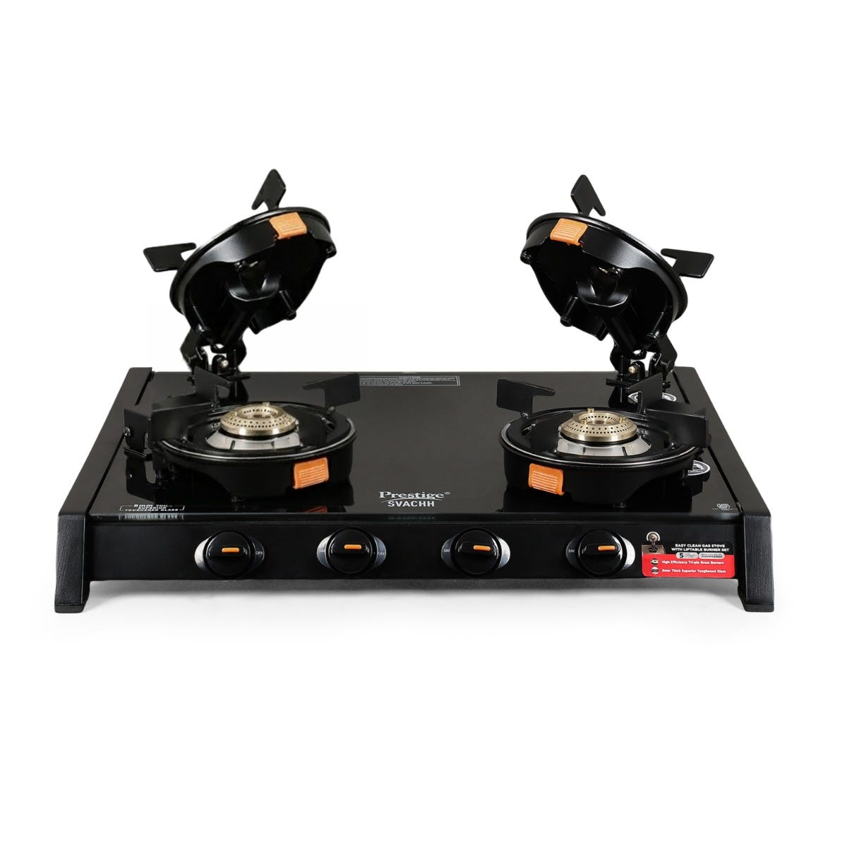 Prestige Svachh Glass Top 4 Burner Gas Stove with Liftable Burners GTSB-04 + Prestige 5 L Tri-Ply Svachh Inner Lid Pressure Cooker, Gas & Induction Compatible, Spillage Control, 5Y Warranty, Silver