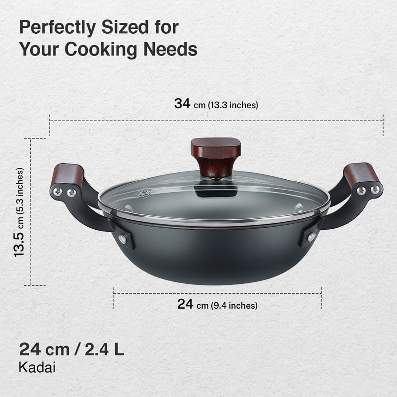 Prestige Castlite Patterned Enamel Coated Cast Iron Fry Pan 20cm/0.9L + Prestige Castlite Patterned Enamel Coated Cast Iron Kadai 24cm/2.4L with Glass Lid, Rust-Proof, Gas & Induction, 15Y Warranty