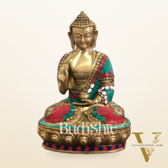 Calm Brass Buddha Statue with Stonework | 12 inch