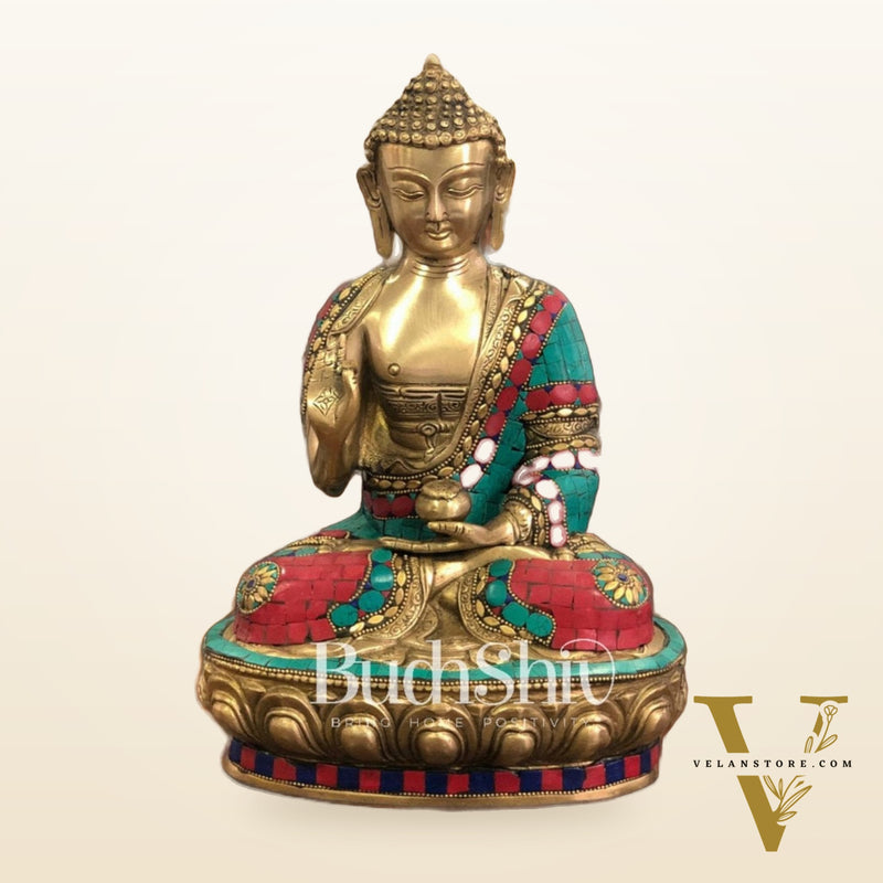 Calm Brass Buddha Statue with Stonework | 12 inch