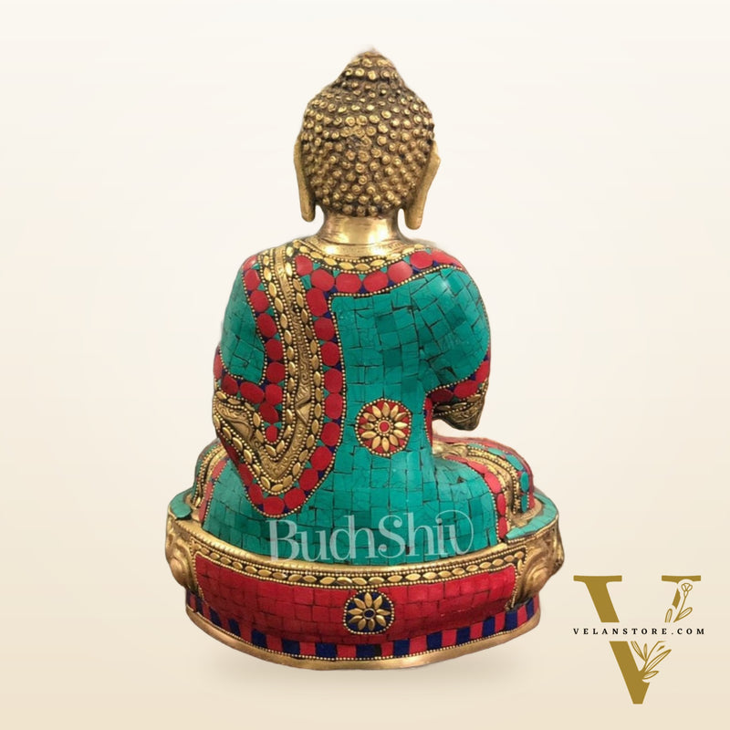 Calm Brass Buddha Statue with Stonework | 12 inch