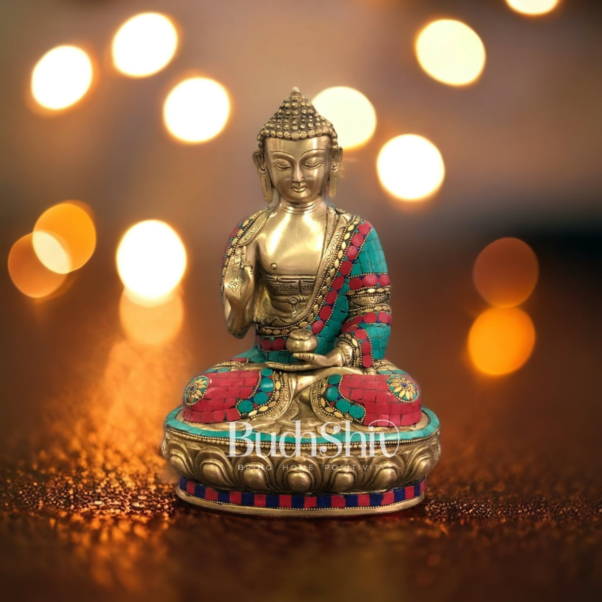 Calm Brass Buddha Statue with Stonework | 12 inch