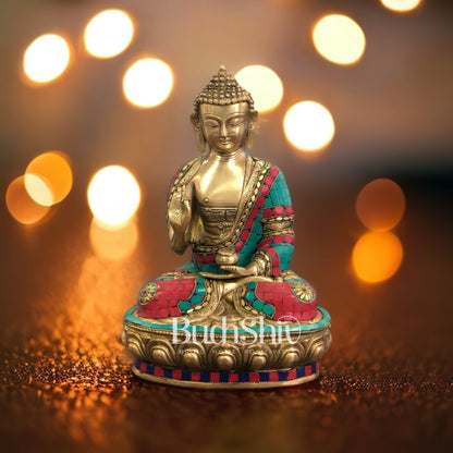 Calm Brass Buddha Statue with Stonework | 12 inch