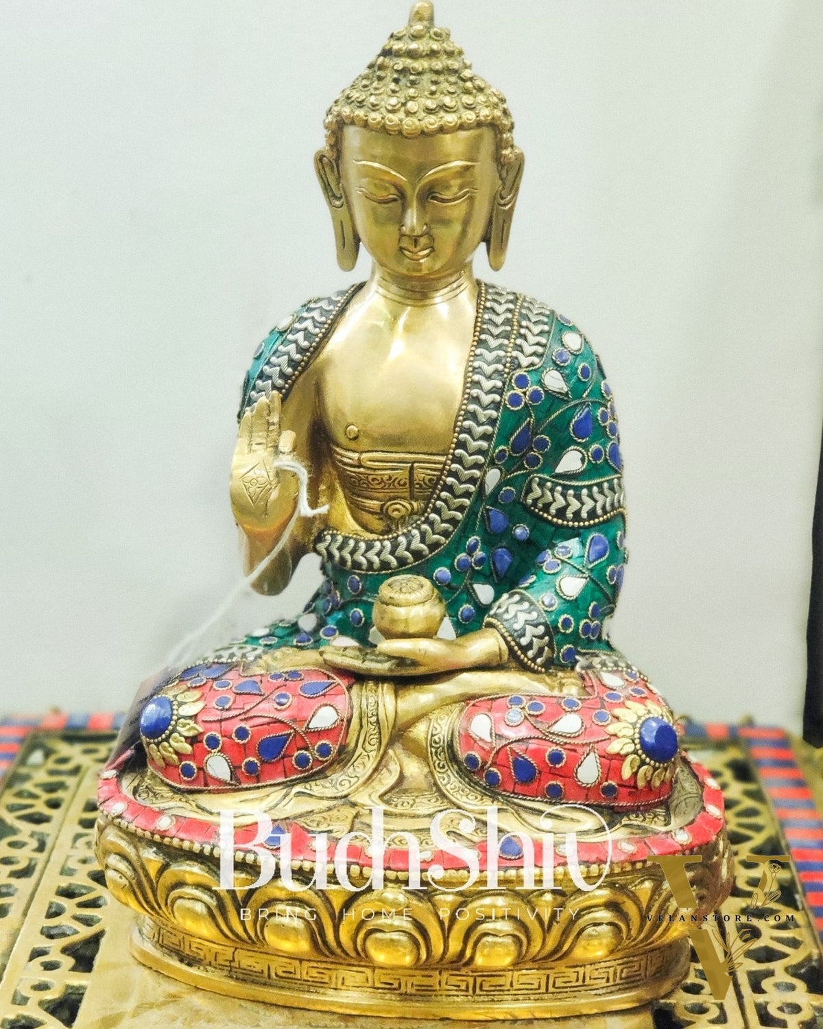 Calm Brass Buddha Statue with Stonework | 12 inches