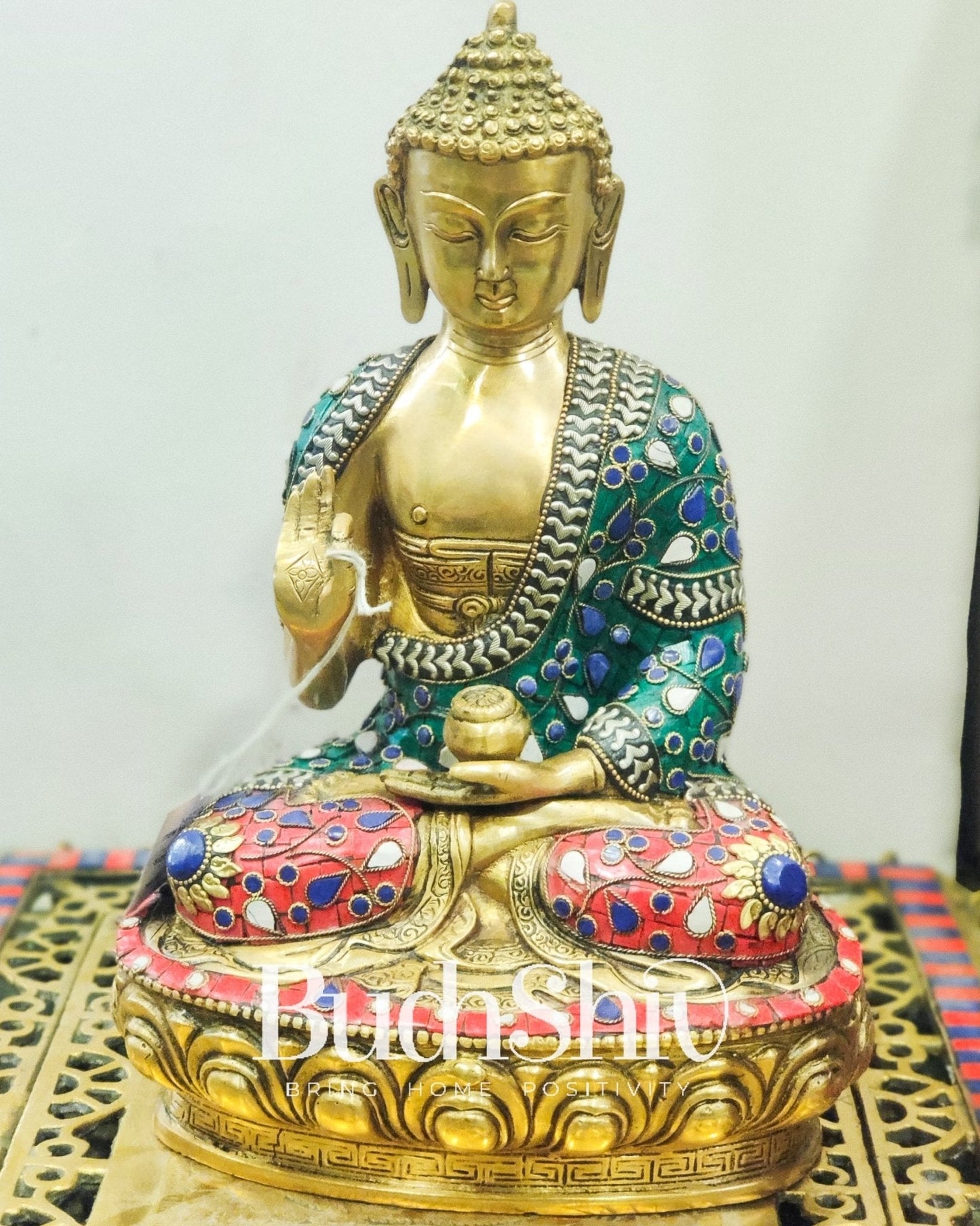 Calm Brass Buddha Statue with Stonework | 12 inches