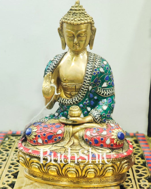 Calm Brass Buddha Statue with Stonework | 12 inches