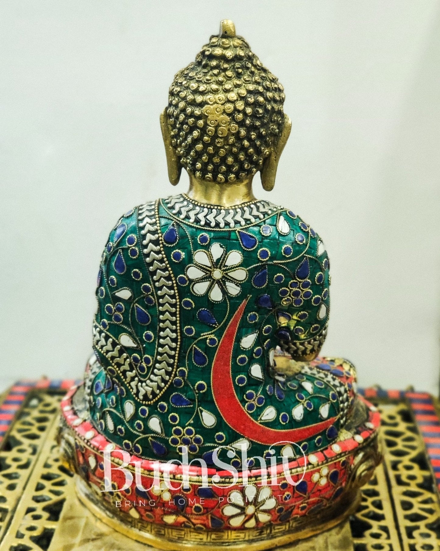 Calm Brass Buddha Statue with Stonework | 12 inches