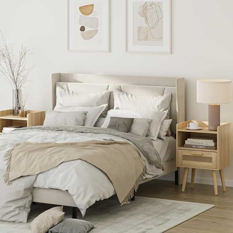 Scandinavian Wooden Bedside Table with Cane Drawer & Open Shelf