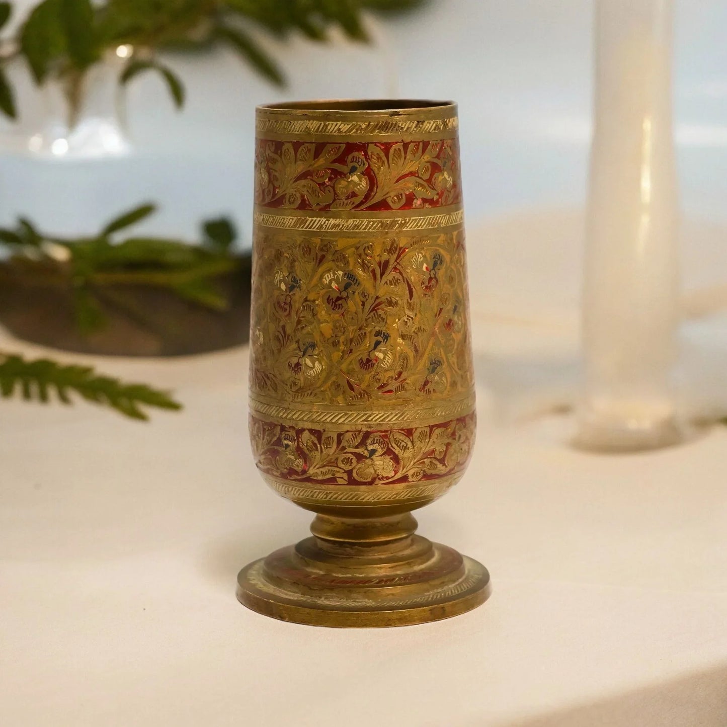 vintage brass glass with unique carving design