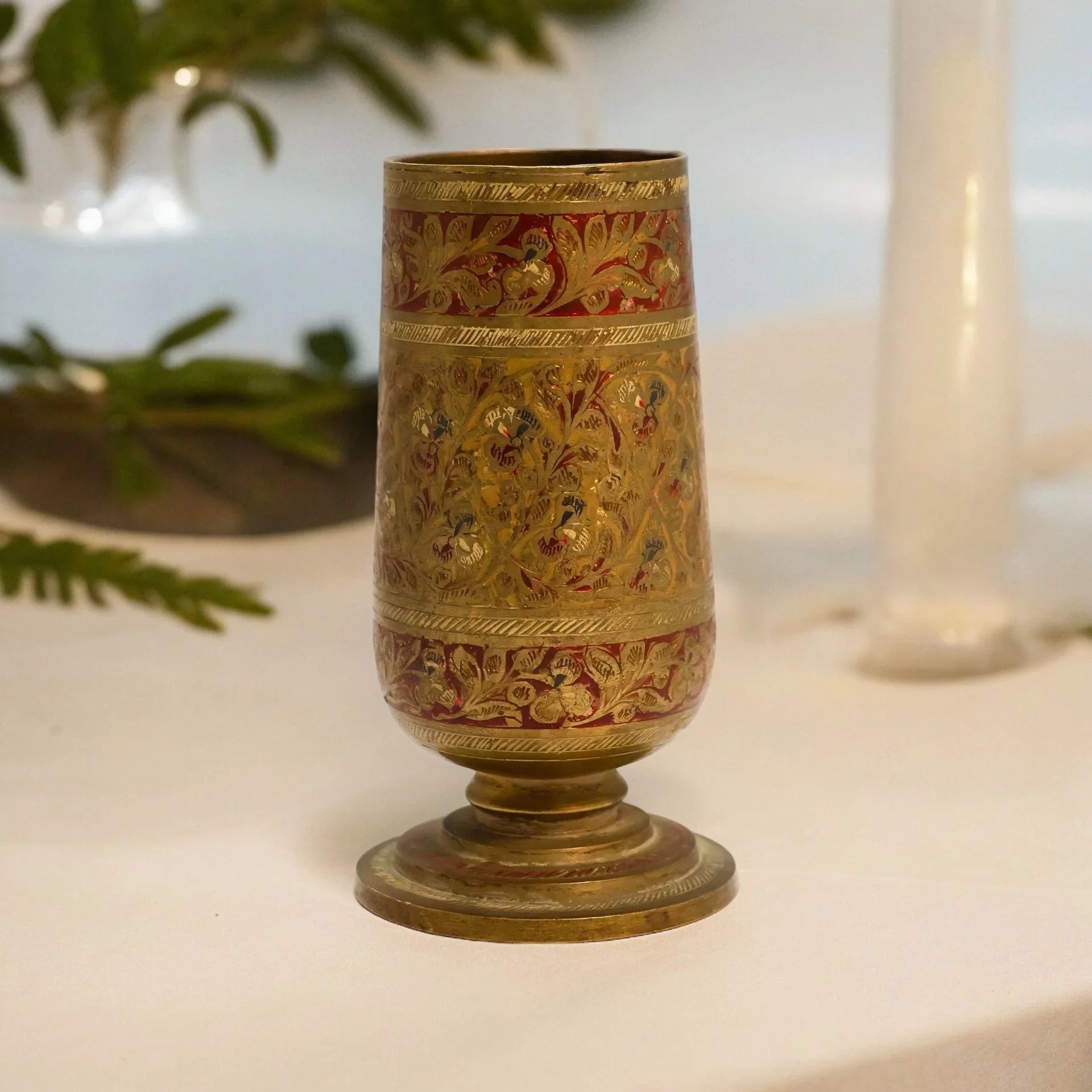 vintage brass glass with unique carving design