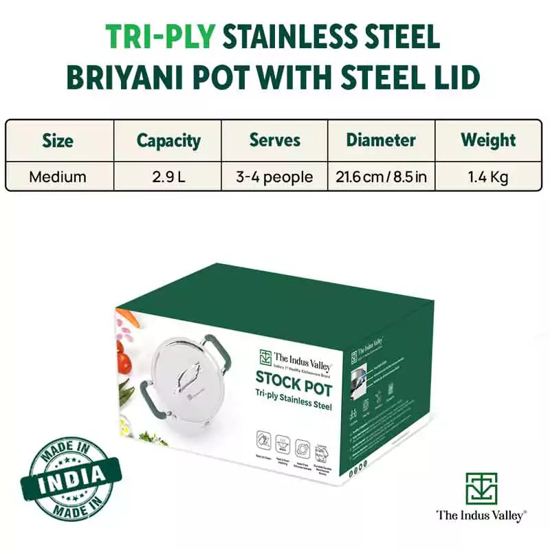 TurboCuk Tri-ply Stainless Steel Biryani Cooking Pot/Casserole, Premium Quality, 3 Layer Thick Body, Cool Silicone Handles, 100% Toxin-free, Non-stick, Induction & Gas, Free ₹110 Spatula, 2.9L