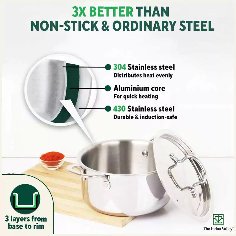 TurboCuk Tri-ply Stainless Steel Casserole/ Biryani Cooking Pot+ Steel Lid, Premium Quality, 3 Layer Thick Body, 100% Toxin-free, Non-stick, Induction & Gas, 3.1L