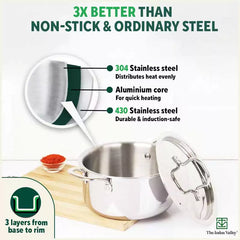 TurboCuk Tri-ply Stainless Steel Casserole/ Cooking Pot/ Sauce Pot+ Steel Lid, Premium Quality, 3 Layer Thick Body, 100% Toxin-free, Non-stick, Induction & Gas, 2.1L