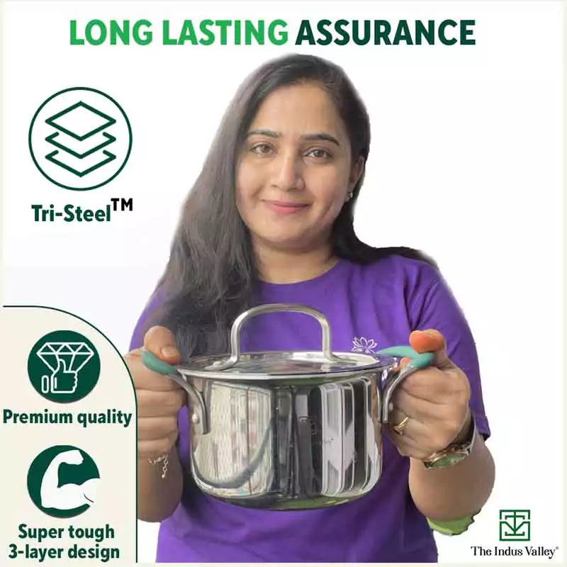 TurboCuk Tri-ply Stainless Steel Casserole/Biryani Cooking Pot+ Steel Lid, Premium 3 Layer Body, Cool Silicone Handles, Induction, Non-stick, 2.9L