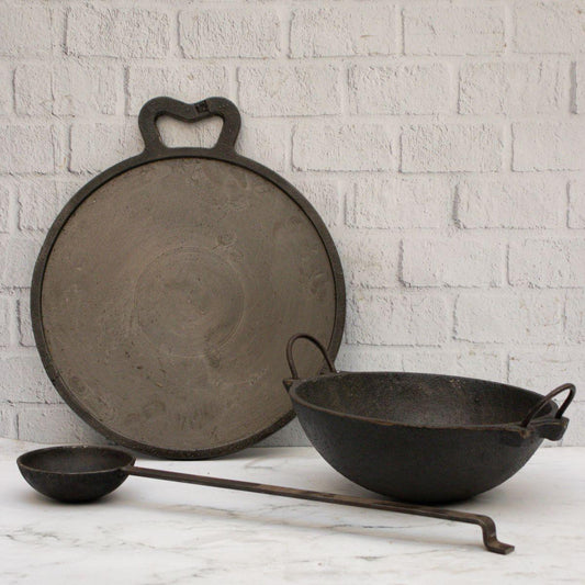 Cast iron combo: kadai, tawa, tadka ladle