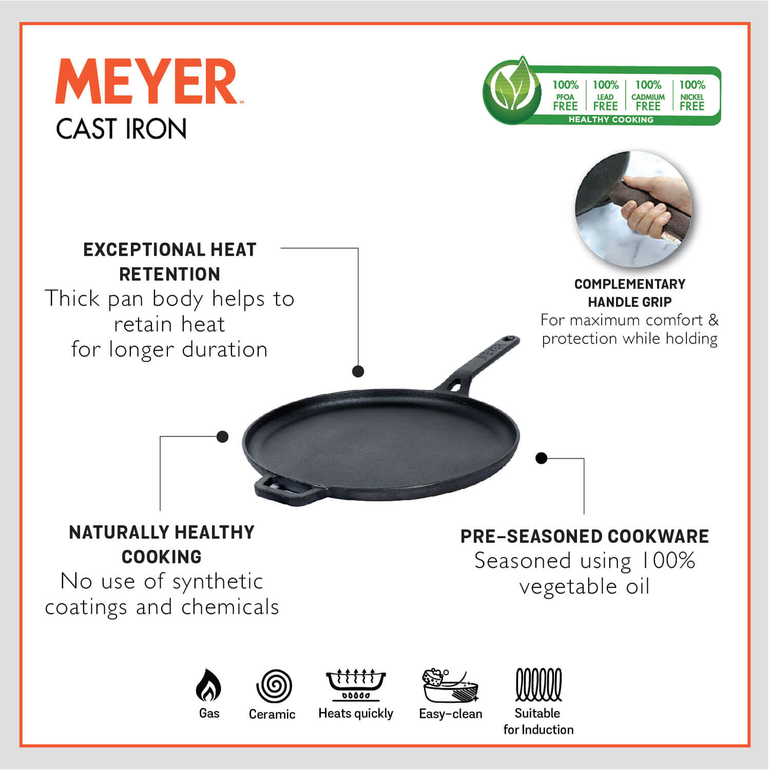 Meyer Pre Seasoned Cast Iron 2 Piece cookware Set 24cm Skillet + 28cm Flat Dosa tawa