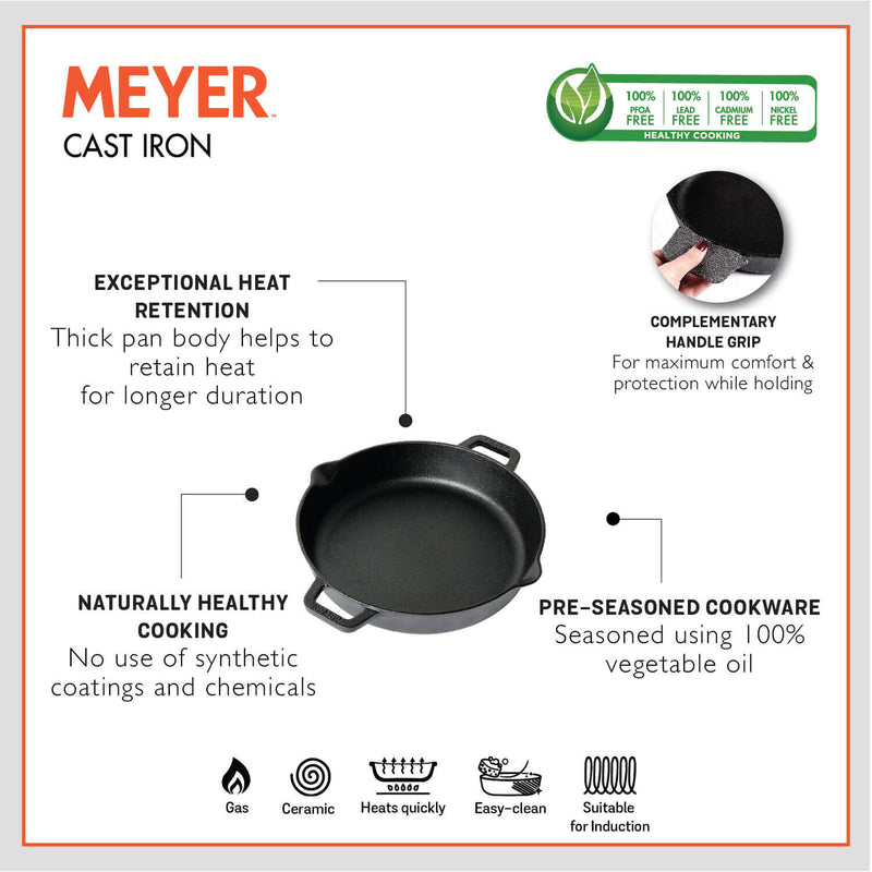 Meyer Pre Seasoned Cast Iron 2 Piece cookware Set 24cm Skillet + 28cm Flat Dosa tawa