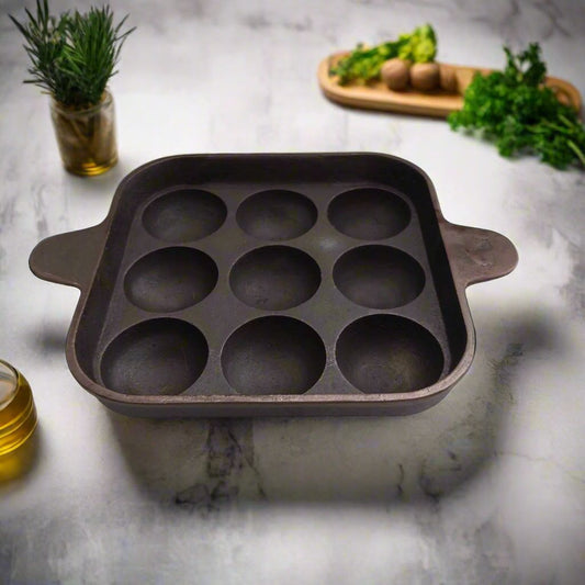Cast Iron Square Paniyaram Pan – 9 Pits | Paniyarakal for Paddu