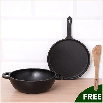 CASTrong Cast Iron Cookware Set: Tawa + Kadai, Kitchen Set for Home, Pre-seasoned, 100% Pure, Toxin-free, Induction