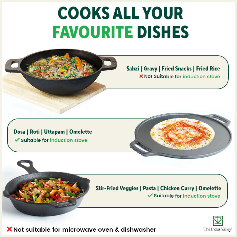 CASTrong Cast Iron Cookware Set: Tawa+ Kadai+ Fry Pan, Kitchen Set for Home, Pre-seasoned, 100% Pure, Toxin-free, Free ₹400 Tadka Pan
