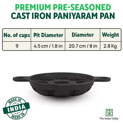 Super Smooth 9 Pit/Cup Cast Iron Paniyaram/Appe Pan+ Free Spatula, Pre-seasoned, Natural Nonstick, 100% Pure, Toxin-free, 20.7 cm, 2.8kg