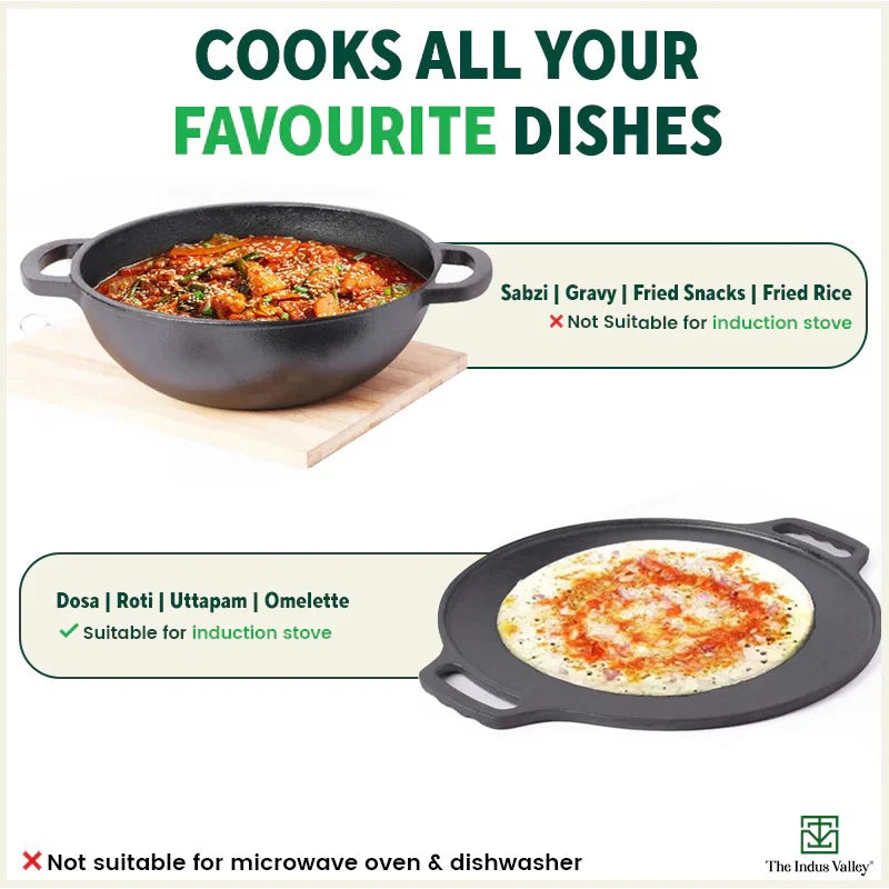CASTrong Cast Iron Cookware Set: Tawa+ Kadai, Kitchen Set for Home, Pre-seasoned, 100% Pure, Toxin-free, Induction, Free ₹400 Tadka Pan