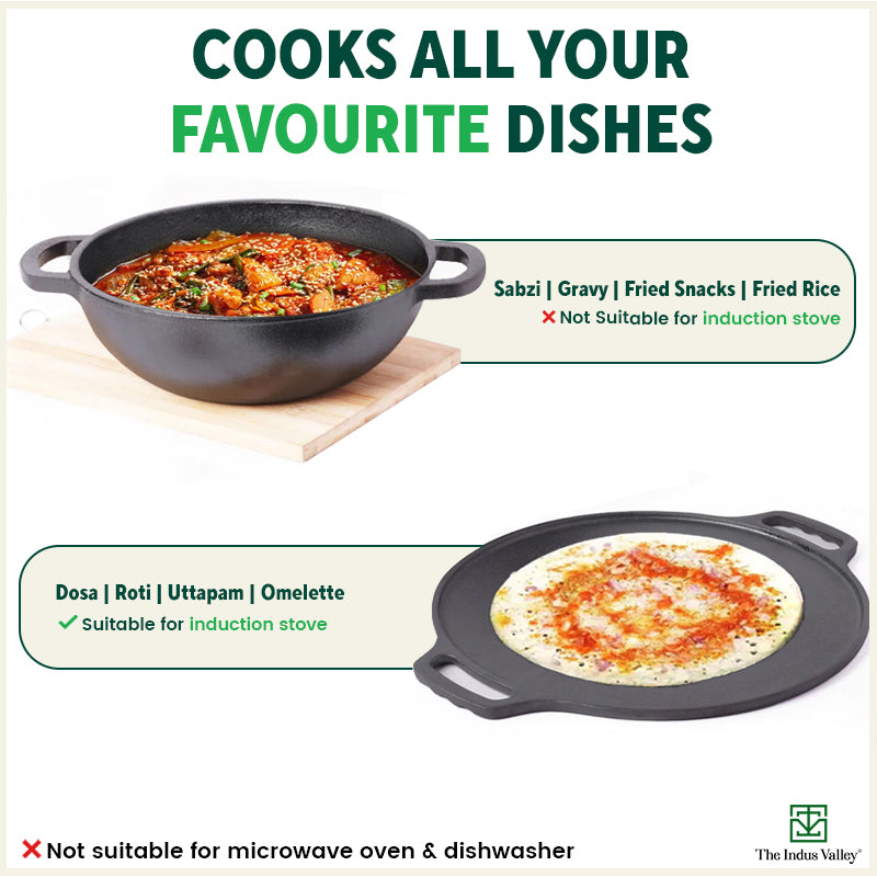 CASTrong Thick Cast Iron Kadai+Tawa+Free ₹110 Spatula,Kitchen set for Home, Pre-seasoned,100% Pure,Toxin-free