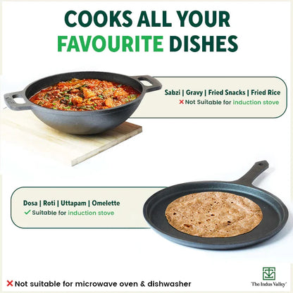 CASTrong Cast Iron Cookware Set: Tawa+ Kadai (Wok model), Kitchen Set for Home, Pre-seasoned, 100% Pure, Toxin-free, Free ₹400 Tadka Pan