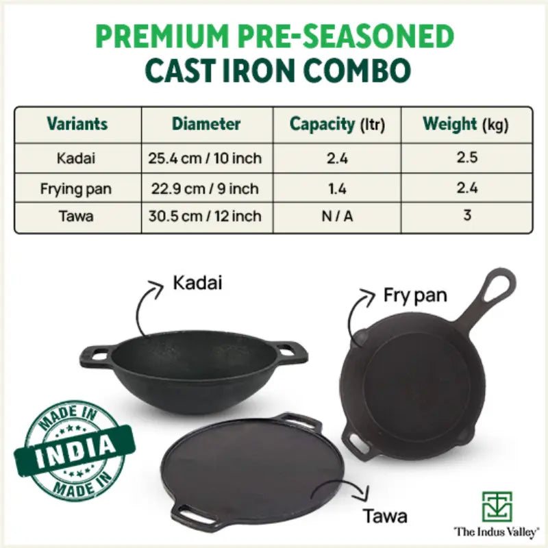 CASTrong Cast Iron Cookware Set: Tawa+ Kadai+ Fry Pan, Kitchen Set for Home, Pre-seasoned, 100% Pure, Toxin-free, Free ₹400 Tadka Pan