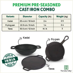 CASTrong Cast Iron Cookware Set: Tawa+ Kadai+ Fry Pan, Kitchen Set for Home, Pre-seasoned, 100% Pure, Toxin-free, Free ₹400 Tadka Pan