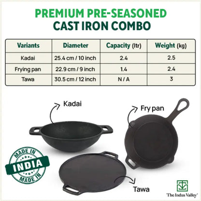 CASTrong Cast Iron Cookware Set: Tawa+ Kadai+ Fry Pan, Kitchen Set for Home, Pre-seasoned, 100% Pure, Toxin-free, Free ₹400 Tadka Pan