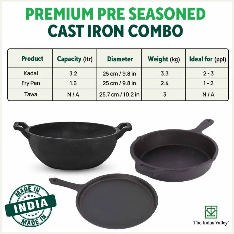 CASTrong Cast Iron Cookware Set: Tawa+Kadai+Frypan+Free Flip,Kitchen set for Home, Pre-seasoned,100% Pure,Induction