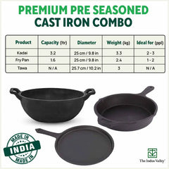 CASTrong Cast Iron Cookware Set: Tawa+Kadai+Frypan+Free Flip,Kitchen set for Home, Pre-seasoned,100% Pure,Induction