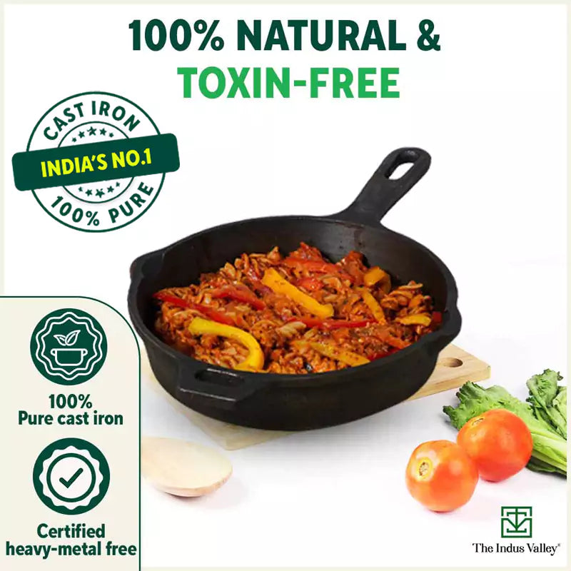 Super Smooth Cast Iron Frypan+ Free ₹110 Spatula, Pre-seasoned, Nonstick, 100% Pure,Toxin-free, 25.4cm, 1.7L, 2.4kg
