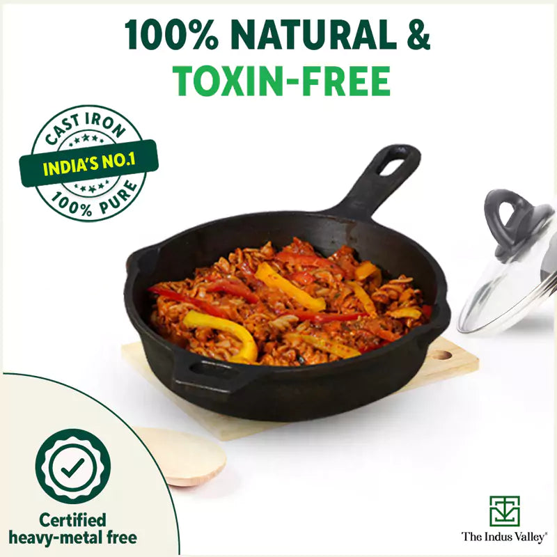 CASTrong Cast Iron Fry Pan/Skillet, Glass Lid, Pre-seasoned, Natural Nonstick, 100% Pure, Induction, 20.3cm, 1.3L, 2.3kg