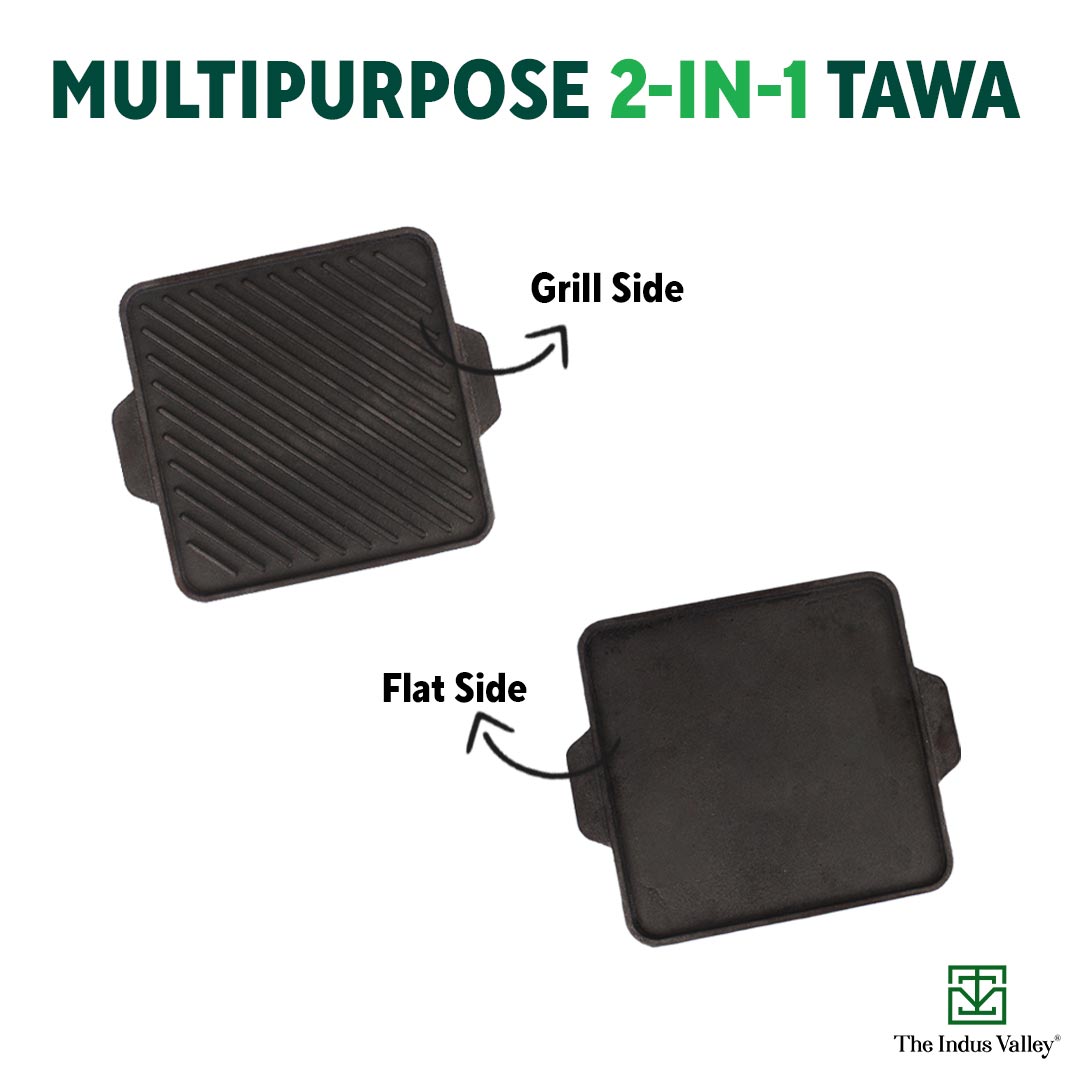 CASTrong Cast Iron 2-in-1 Griddle (Grill Pan + Tawa), Pre-seasoned, 100% Pure, Toxin-free,  Induction, Square,  27.2cm, 4.1 Kg